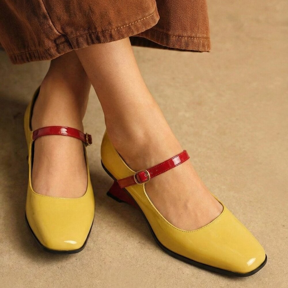 Retro Yellow Mary Jane Heels Red Strap Low Heel Square Toe